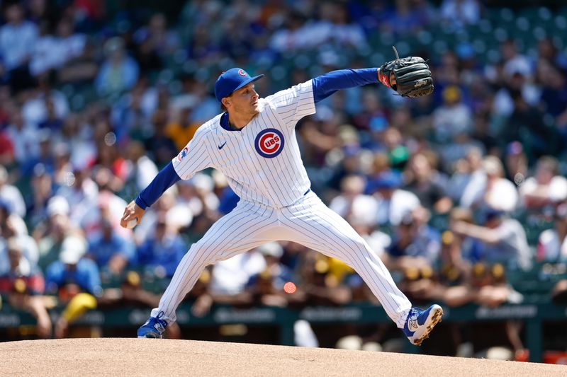 May 8, 2024; Chicago, Illinois, USA; Chicago Cubs starting pitcher Hayden Wesneski (19) delivers a pitch against the San Diego Padres during the first inning at Wrigley Field. Mandatory Credit: Kamil Krzaczynski-USA TODAY Sports