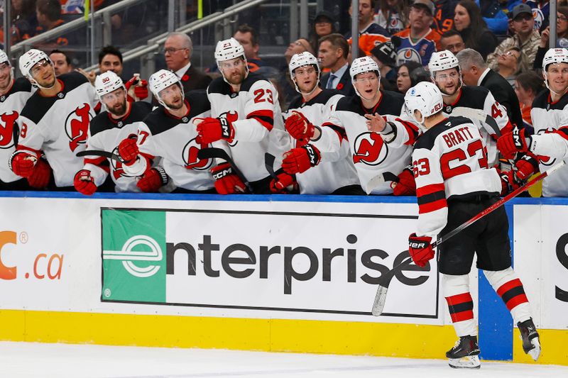 Nov 4, 2024; Edmonton, Alberta, CAN; The New Jersey Devils celebrate a goal by forward Jesper Brett (63) during the second period against the Edmonton Oilers at Rogers Place. Mandatory Credit: Perry Nelson-Imagn Images