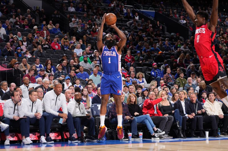 PHILADELPHIA, PA - FEBRUARY 13: James Harden #1 of the Philadelphia 76ers shoots the ball during the game against the Houston Rockets on February 13, 2023 at the Wells Fargo Center in Philadelphia, Pennsylvania NOTE TO USER: User expressly acknowledges and agrees that, by downloading and/or using this Photograph, user is consenting to the terms and conditions of the Getty Images License Agreement. Mandatory Copyright Notice: Copyright 2023 NBAE (Photo by Jesse D. Garrabrant/NBAE via Getty Images)