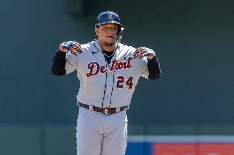 Aug 16, 2023; Minneapolis, Minnesota, USA; Detroit Tigers designated hitter Miguel Cabrera (24) celebrates after hitting a double against the Minnesota Twins in the second inning at Target Field. Mandatory Credit: Jesse Johnson-USA TODAY Sports