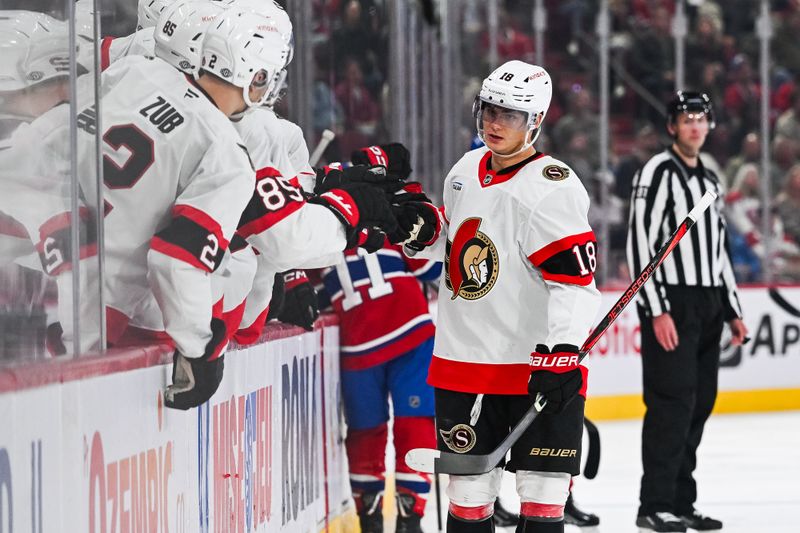 Oct 12, 2024; Montreal, Quebec, CAN; Ottawa Senators center Tim Stutzle (18) celebrates with teammates after scoring a goal against the Montreal Canadiens at the bench during the third period at Bell Centre. Mandatory Credit: David Kirouac-Imagn Images