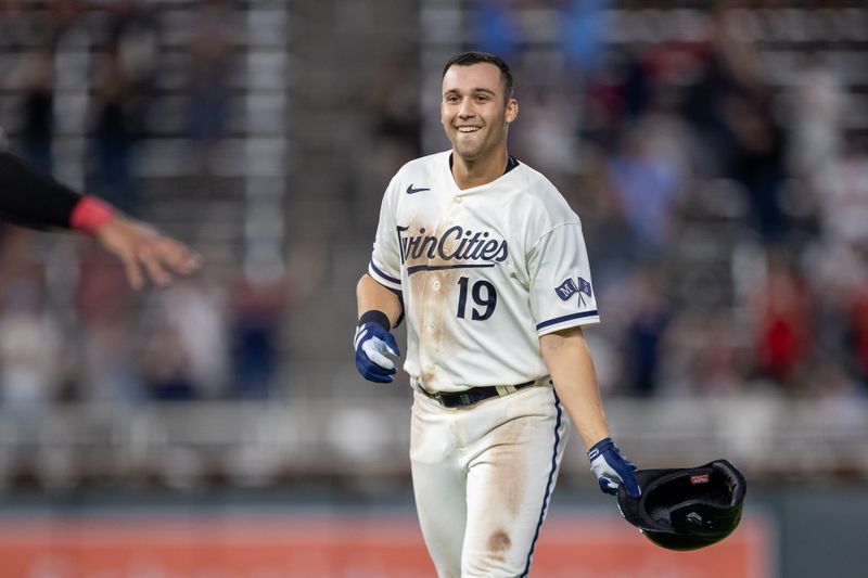 May 10, 2023; Minneapolis, Minnesota, USA; Minnesota Twins first baseman Alex Kirilloff (19) celebrates after hitting a walk off RBI single in the eleventh inning against the San Diego Padres at Target Field. Mandatory Credit: Jesse Johnson-USA TODAY Sports