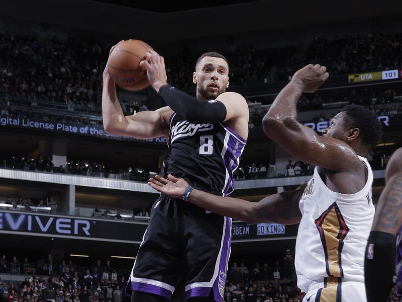 SACRAMENTO, CA - FEBRUARY 8:  Zach LaVine #8 of the Sacramento Kings rebounds the ball during the game against the New Orleans Pelicans on February 8, 2025 at Golden 1 Center in Sacramento, California. NOTE TO USER: User expressly acknowledges and agrees that, by downloading and or using this Photograph, user is consenting to the terms and conditions of the Getty Images License Agreement. Mandatory Copyright Notice: Copyright 2025 NBAE (Photo by Rocky Widner/NBAE via Getty Images)