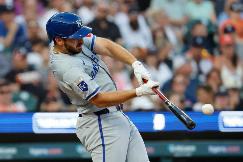 Aug 3, 2024; Detroit, Michigan, USA;  Kansas City Royals shortstop Paul DeJong (15) hits a two run home run in the seventh inning against the Detroit Tigers at  Comerica Park. Mandatory Credit: Rick Osentoski-USA TODAY Sports