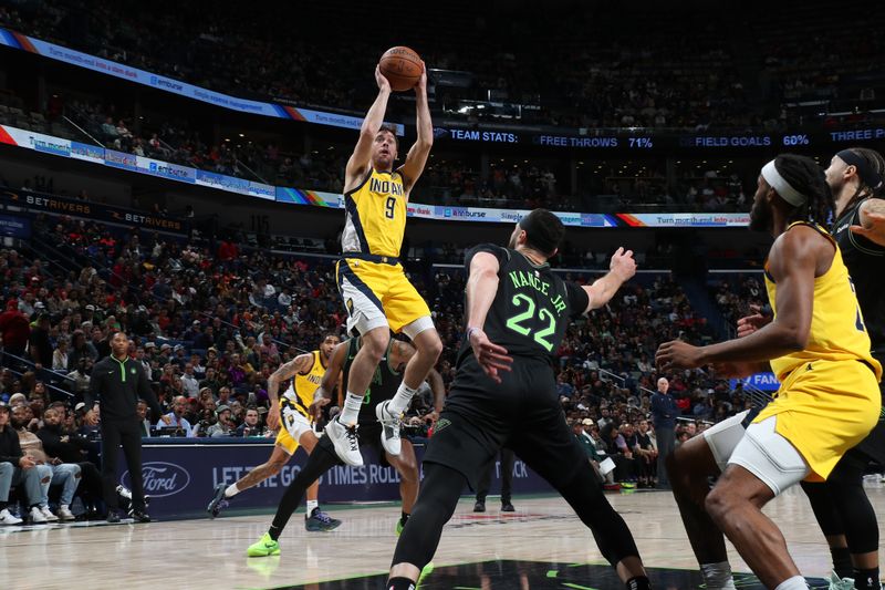 NEW ORLEANS, LA - MARCH 1:  T.J. McConnell #9 of the Indiana Pacers shoots the ball during the game against the New Orleans Pelicans on March 1, 2024 at the Smoothie King Center in New Orleans, Louisiana. NOTE TO USER: User expressly acknowledges and agrees that, by downloading and or using this Photograph, user is consenting to the terms and conditions of the Getty Images License Agreement. Mandatory Copyright Notice: Copyright 2024 NBAE (Photo by Layne Murdoch Jr./NBAE via Getty Images)