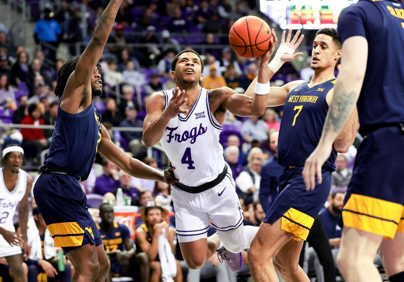 Feb 12, 2024; Fort Worth, Texas, USA;  TCU Horned Frogs guard Jameer Nelson Jr. (4) shoots past West Virginia Mountaineers center Jesse Edwards (7) during the first half at Ed and Rae Schollmaier Arena. Mandatory Credit: Kevin Jairaj-USA TODAY Sports