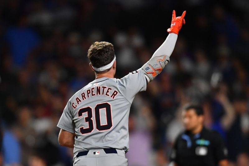 Aug 21, 2024; Chicago, Illinois, USA; Detroit Tigers right fielder Kerry Carpenter (30) rounds the bases after hitting a three-run home run during the ninth inning against the Chicago Cubs at Wrigley Field. Mandatory Credit: Patrick Gorski-USA TODAY Sports