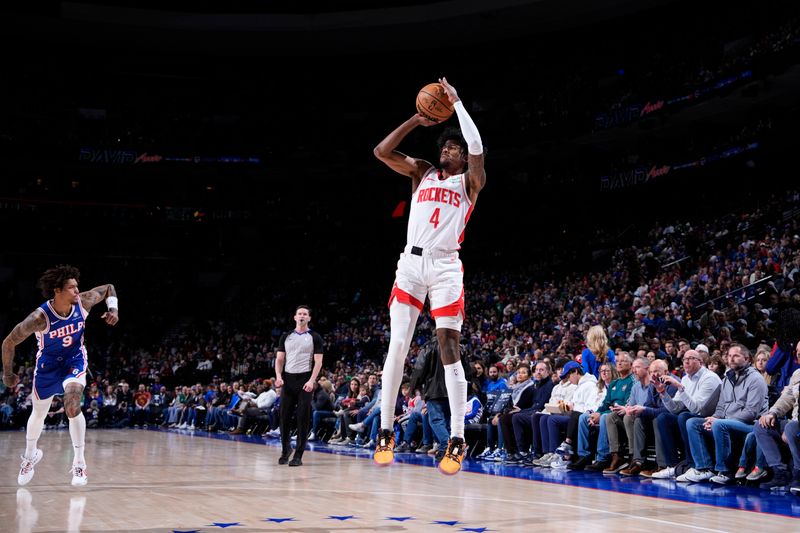 PHILADELPHIA, PA - JANUARY 15: Jalen Green #4 of the Houston Rockets shoots the ball during the game against the Philadelphia 76ers on January 15, 2024 at the Wells Fargo Center in Philadelphia, Pennsylvania NOTE TO USER: User expressly acknowledges and agrees that, by downloading and/or using this Photograph, user is consenting to the terms and conditions of the Getty Images License Agreement. Mandatory Copyright Notice: Copyright 2024 NBAE (Photo by Jesse D. Garrabrant/NBAE via Getty Images)