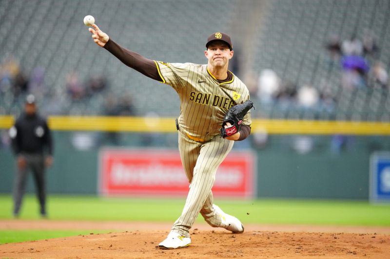 Apr 23, 2024; Denver, Colorado, USA; San Diego Padres pitcher Michael King (34) delivers a pitch in the first inning against the Colorado Rockies at Coors Field. Mandatory Credit: Ron Chenoy-USA TODAY Sports