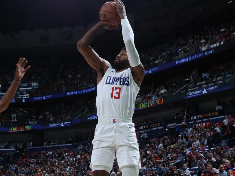 NEW ORLEANS, LA - MARCH 15: Paul George #13 of the LA Clippers shoots a three point basket during the game against the New Orleans Pelicans on March 15, 2024 at the Smoothie King Center in New Orleans, Louisiana. NOTE TO USER: User expressly acknowledges and agrees that, by downloading and or using this Photograph, user is consenting to the terms and conditions of the Getty Images License Agreement. Mandatory Copyright Notice: Copyright 2024 NBAE (Photo by Layne Murdoch Jr./NBAE via Getty Images)