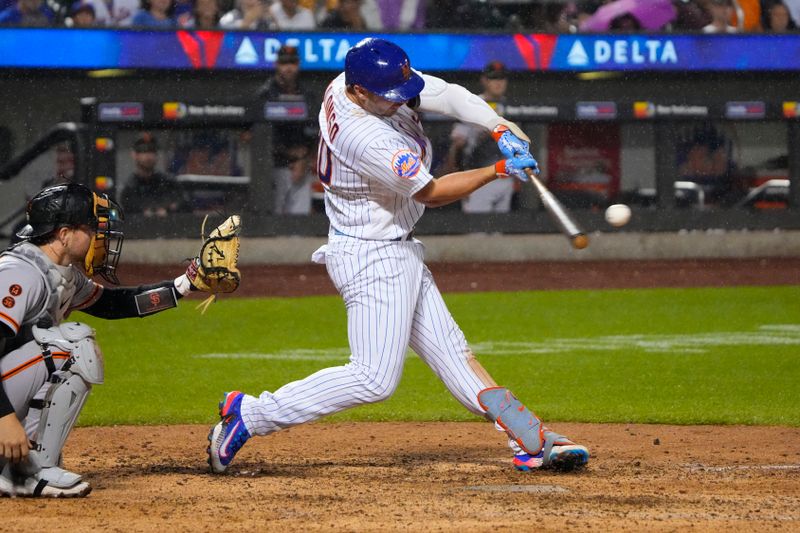 Jul 2, 2023; New York City, New York, USA; New York Mets designated hitter Pete Alonso (20) hits a two run home run against the San Francisco Giants during the eighth inning at Citi Field. Mandatory Credit: Gregory Fisher-USA TODAY Sports