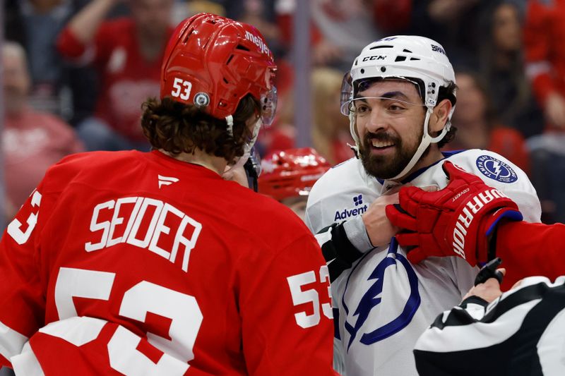 Jan 25, 2025; Detroit, Michigan, USA;  Detroit Red Wings defenseman Moritz Seider (53) and Tampa Bay Lightning left wing Nick Paul (20) react in the third period at Little Caesars Arena. Mandatory Credit: Rick Osentoski-Imagn Images