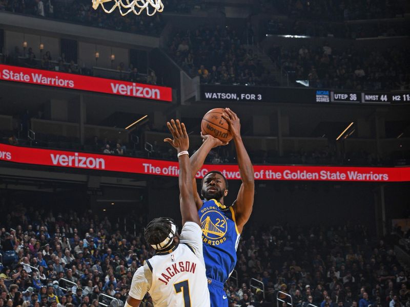 SAN FRANCISCO, CA - JANUARY 4: Andrew Wiggins #22 of the Golden State Warriors drives to the basket during the game against the Denver Nuggetson January 4, 2024 at Chase Center in San Francisco, California. NOTE TO USER: User expressly acknowledges and agrees that, by downloading and or using this photograph, user is consenting to the terms and conditions of Getty Images License Agreement. Mandatory Copyright Notice: Copyright 2024 NBAE (Photo by Noah Graham/NBAE via Getty Images)