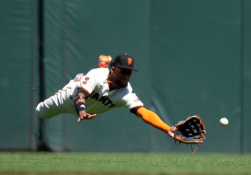 Jul 30, 2023; San Francisco, California, USA; San Francisco Giants center fielder Luis Matos (29) makes a diving attempt to catch a double by Boston Red Sox pinch hitter Jarren Duran (not pictured) during the eighth inning at Oracle Park. Mandatory Credit: D. Ross Cameron-USA TODAY Sports