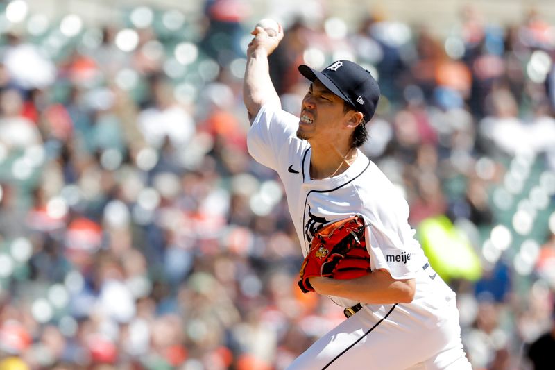 Apr 6, 2024; Detroit, Michigan, USA;  Detroit Tigers starting pitcher Kenta Maeda (18) throws against the Oakland Athletics in the first inning at Comerica Park. Mandatory Credit: Rick Osentoski-USA TODAY Sports