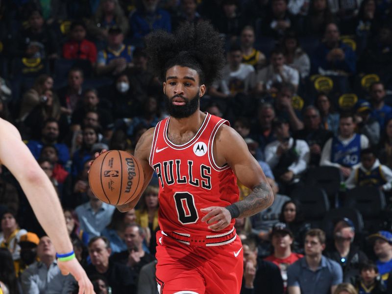 SAN FRANCISCO, CA - MARCH 7: Coby White #0 of the Chicago Bulls handles the ball during the game against the Golden State Warriors on March 7, 2024 at Chase Center in San Francisco, California. NOTE TO USER: User expressly acknowledges and agrees that, by downloading and or using this photograph, user is consenting to the terms and conditions of Getty Images License Agreement. Mandatory Copyright Notice: Copyright 2024 NBAE (Photo by Noah Graham/NBAE via Getty Images)