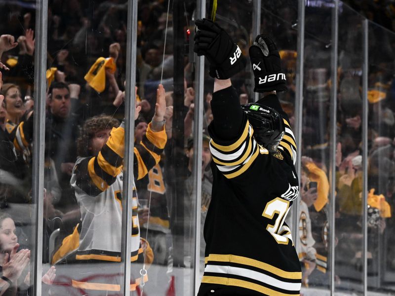 Apr 22, 2024; Boston, Massachusetts, USA; Boston Bruins center Morgan Geekie (39) reacts after scoring a goal against the Toronto Maple Leafs during the first period in game two of the first round of the 2024 Stanley Cup Playoffs at TD Garden. Mandatory Credit: Brian Fluharty-USA TODAY Sports