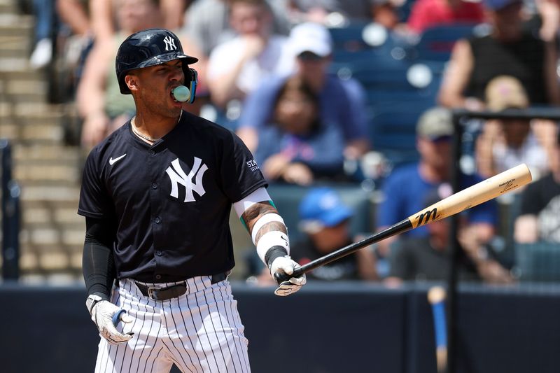 Mar 25, 2024; Tampa, Florida, USA;  New York Yankees second baseman Gleyber Torres (25) steps up to bat against the New York Mets in the third inning at George M. Steinbrenner Field. Mandatory Credit: Nathan Ray Seebeck-USA TODAY Sports