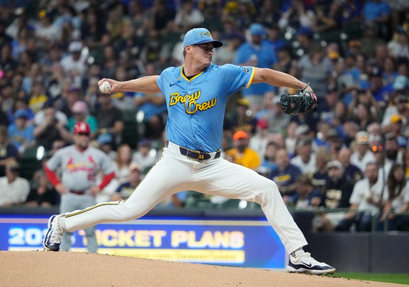 Sep 12, 2025; Milwaukee, Wisconsin, USA; Milwaukee Brewers pitcher Quinn Priester (46) delivers a pitch against the St. Louis Cardinals in the first inning at American Family Field. Mandatory Credit: Michael McLoone-Imagn Images
