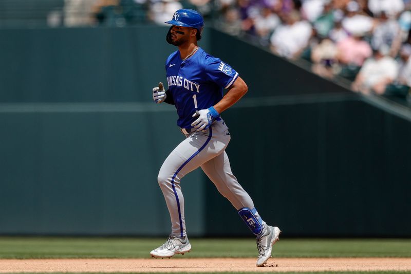 Jul 7, 2024; Denver, Colorado, USA; Kansas City Royals left fielder MJ Melendez (1) rounds the bases on a solo home run in the seventh inning against the Colorado Rockies at Coors Field. Mandatory Credit: Isaiah J. Downing-USA TODAY Sports