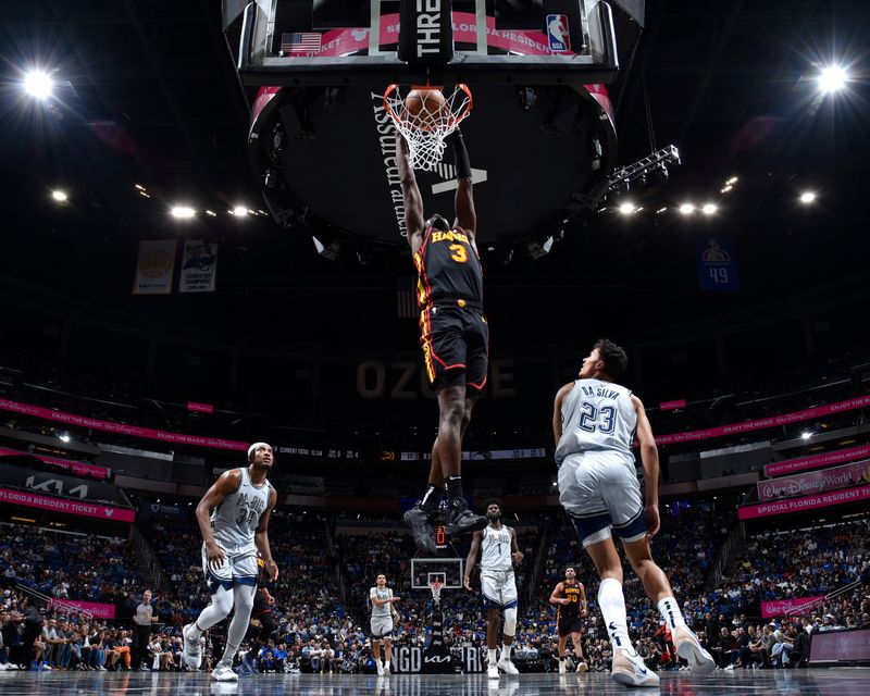 ORLANDO, FL - FEBRUARY 10: Caris LeVert #3 of the Atlanta Hawks dunks the ball during the game against the Orlando Magic on February 10, 2025 at Kia Center in Orlando, Florida. NOTE TO USER: User expressly acknowledges and agrees that, by downloading and or using this photograph, User is consenting to the terms and conditions of the Getty Images License Agreement. Mandatory Copyright Notice: Copyright 2025 NBAE (Photo by Fernando Medina/NBAE via Getty Images)