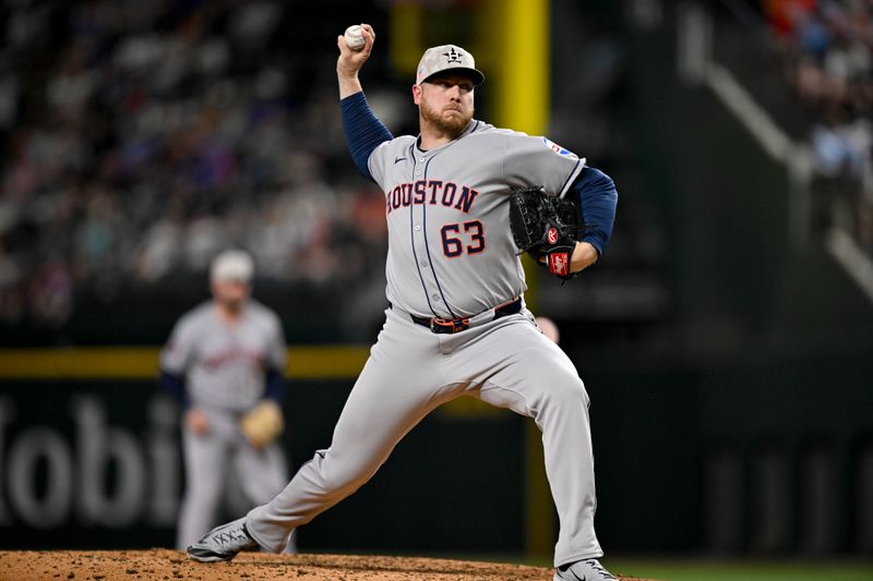 May 16, 2025; Arlington, Texas, USA; Houston Astros relief pitcher Kaleb Ort (63) pitches against the Texas Rangers during the sixth inning at Globe Life Field. Mandatory Credit: Jerome Miron-Imagn Images