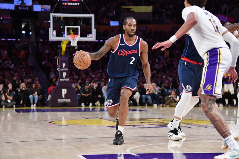 LOS ANGELES, CA - MARCH 2: Kawhi Leonard #2 of the LA Clippers dribbles the ball during the game against the Los Angeles Lakers on March 2, 2025 at Crypto.Com Arena in Los Angeles, California. NOTE TO USER: User expressly acknowledges and agrees that, by downloading and/or using this Photograph, user is consenting to the terms and conditions of the Getty Images License Agreement. Mandatory Copyright Notice: Copyright 2025 NBAE (Photo by Juan Ocampo/NBAE via Getty Images)
