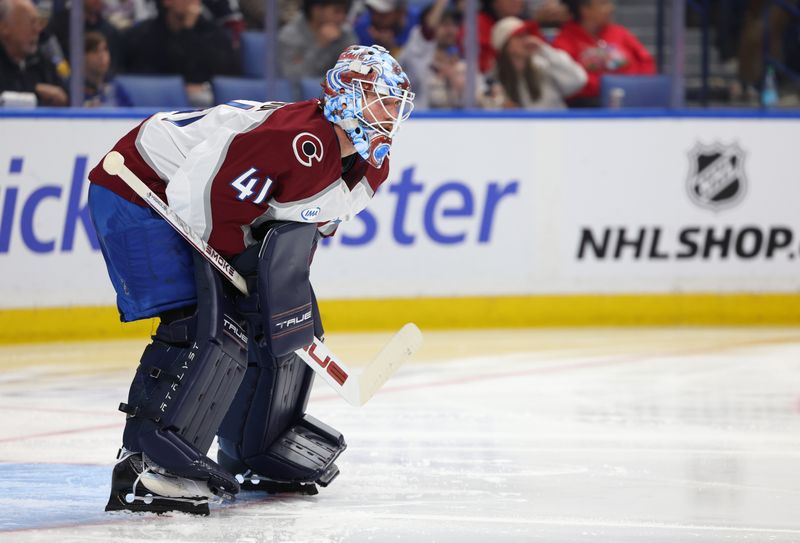 Oct 13, 2025; Buffalo, New York, USA;  Colorado Avalanche goaltender Scott Wedgewood (41) during the second period against the Buffalo Sabres at KeyBank Center. Mandatory Credit: Timothy T. Ludwig-Imagn Images
