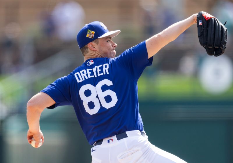 Feb 23, 2026; Phoenix, Arizona, USA; Los Angeles Dodgers pitcher Jack Dreyer against the Seattle Mariners during a spring training game at Camelback Ranch-Glendale. Mandatory Credit: Mark J. Rebilas-Imagn Images