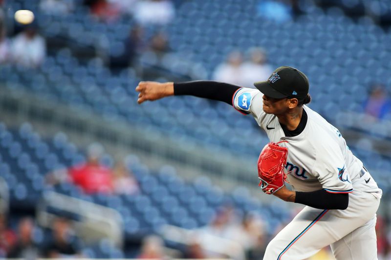 Sep 13, 2024; Washington, District of Columbia, USA; Miami Marlins pitcher Edward Cabrera (27) delivers a throw during the first inning of a baseball game against the Washington Nationals, at Nationals Park. Mandatory Credit: Daniel Kucin Jr.-Imagn Images

