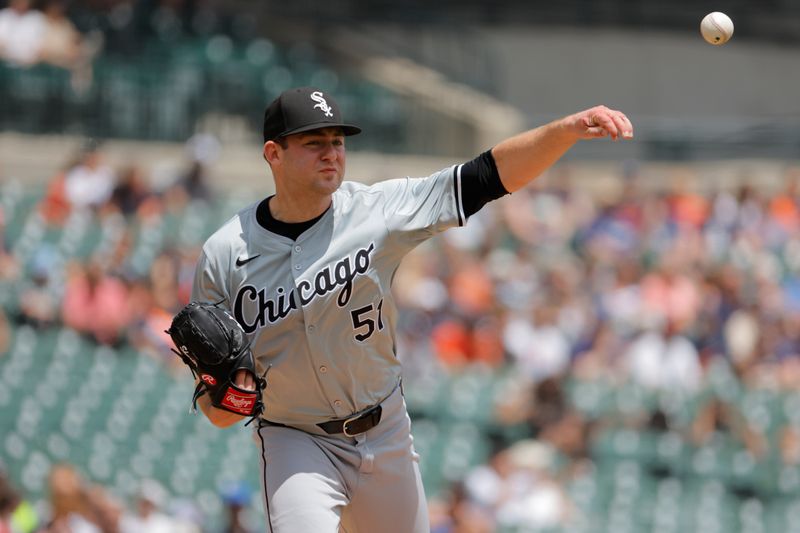 Jun 23, 2024; Detroit, Michigan, USA;  Chicago White Sox relief pitcher Jared Shuster (51) makes a throw to first in the second inning against the Detroit Tigers at Comerica Park. Mandatory Credit: Rick Osentoski-USA TODAY Sports