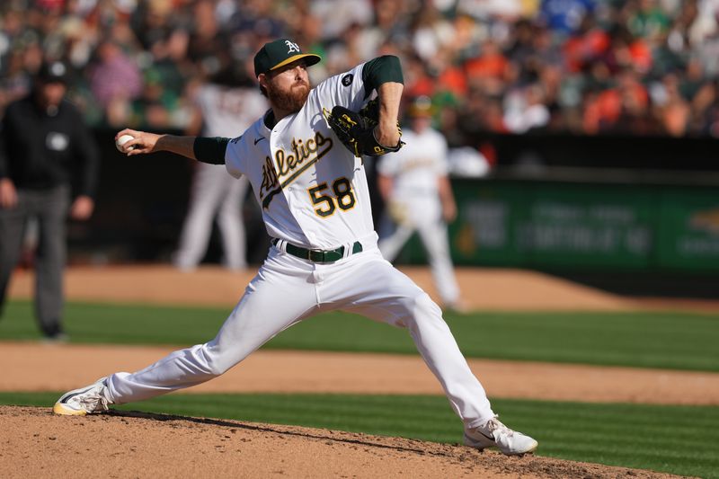 Aug 5, 2023; Oakland, California, USA; Oakland Athletics starting pitcher Paul Blackburn (58) throws a pitch against the San Francisco Giants during the sixth inning at Oakland-Alameda County Coliseum. Mandatory Credit: Darren Yamashita-USA TODAY Sports