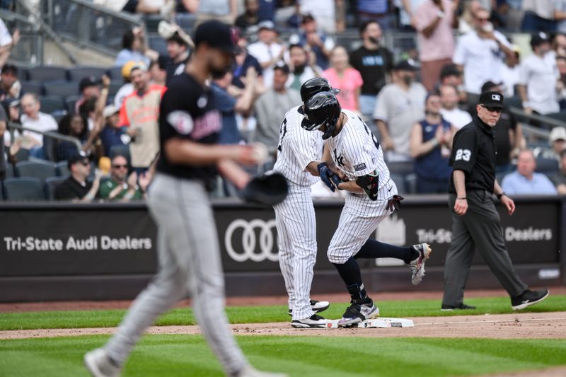 Aug 22, 2024; Bronx, New York, USA; New York Yankees designated hitter Giancarlo Stanton (27) rounds the bases after hitting a three run home run against the Cleveland Guardians during the fifth inning at Yankee Stadium. Mandatory Credit: John Jones-USA TODAY Sports