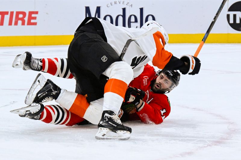 Dec 23, 2025; Chicago, Illinois, USA; Chicago Blackhawks center Jason Dickinson (16) and Philadelphia Flyers defenseman Cam York (8) collide during the first period at United Center. Mandatory Credit: Matt Marton-Imagn Images Dec 23, 2025; Chicago, Illinois, USA; Chicago Blackhawks center Jason Dickinson (16) and Philadelphia Flyers defenseman Cam York (8) collide during the first period at United Center. Mandatory Credit: Matt Marton-Imagn Images