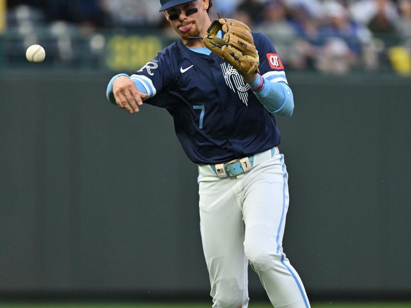 May 31, 2024; Kansas City, Missouri, USA;  Kansas City Royals shortstop Bobby Witt Jr. (7) throws the ball to first base for an out in the third inning against the San Diego Padres at Kauffman Stadium. Mandatory Credit: Peter Aiken-USA TODAY Sports