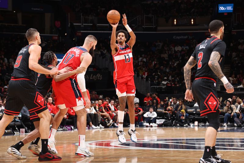 WASHINGTON, DC -? JANUARY 1:  Jordan Poole #13 of the Washington Wizards shoots the ball during the game against the Chicago Bulls on January 1, 2025 at Capital One Arena in Washington, DC. NOTE TO USER: User expressly acknowledges and agrees that, by downloading and or using this Photograph, user is consenting to the terms and conditions of the Getty Images License Agreement. Mandatory Copyright Notice: Copyright 2025 NBAE (Photo by Kenny Giarla/NBAE via Getty Images)