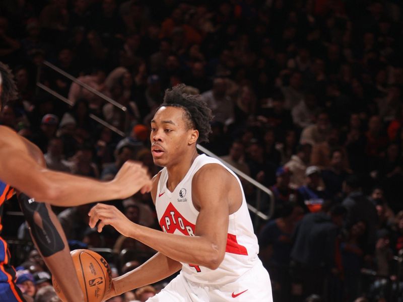 NEW YORK, NY - JANUARY 20: Scottie Barnes #4 of the Toronto Raptors dribbles the ball during the game against the New York Knicks on January 20, 2024 at Madison Square Garden in New York City, New York.  NOTE TO USER: User expressly acknowledges and agrees that, by downloading and or using this photograph, User is consenting to the terms and conditions of the Getty Images License Agreement. Mandatory Copyright Notice: Copyright 2024 NBAE  (Photo by Nathaniel S. Butler/NBAE via Getty Images)