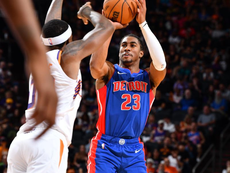 PHOENIX, AZ - OCTOBER 11: Jaden Ivey #23 of the Detroit Pistons shoots the ball during the game against the Phoenix Suns during a NBA preseason game on October 11, 2024 at Footprint Center in Phoenix, Arizona. NOTE TO USER: User expressly acknowledges and agrees that, by downloading and or using this photograph, user is consenting to the terms and conditions of the Getty Images License Agreement. Mandatory Copyright Notice: Copyright 2024 NBAE (Photo by Barry Gossage/NBAE via Getty Images)