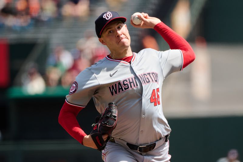 Apr 10, 2024; San Francisco, California, USA; Washington Nationals starting pitcher Patrick Corbin (46) throws a pitch against the San Francisco Giants during the first inning at Oracle Park. Mandatory Credit: Robert Edwards-USA TODAY Sports