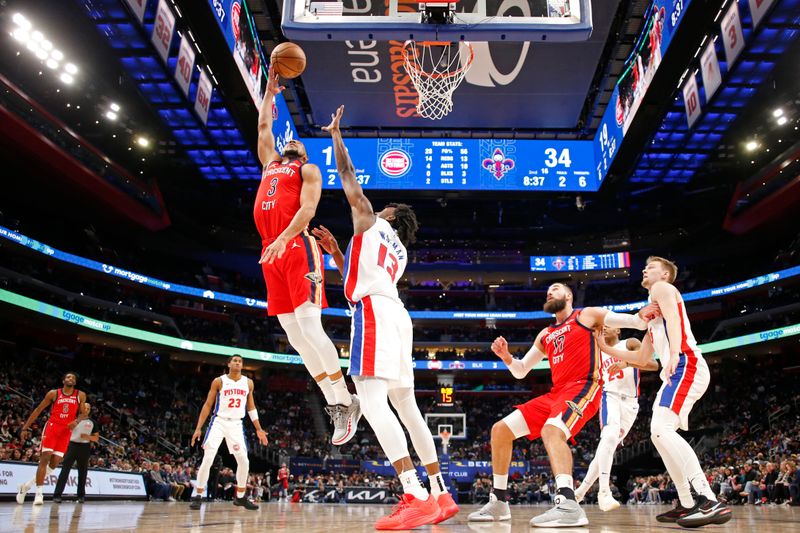 DETROIT, MI - MARCH 24: CJ McCollum #3 of the New Orleans Pelicans drives to the basket during the game against the Detroit Pistons on March 24, 2024 at Little Caesars Arena in Detroit, Michigan. NOTE TO USER: User expressly acknowledges and agrees that, by downloading and/or using this photograph, User is consenting to the terms and conditions of the Getty Images License Agreement. Mandatory Copyright Notice: Copyright 2024 NBAE (Photo by Brian Sevald/NBAE via Getty Images)