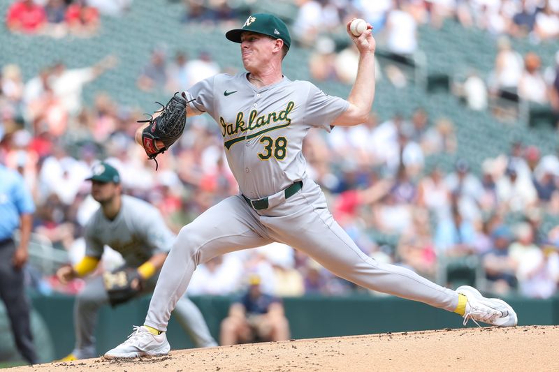 Jun 16, 2024; Minneapolis, Minnesota, USA; Oakland Athletics starting pitcher JP Sears (38) delivers a pitch against the Minnesota Twins during the first inning of game one of a double header at Target Field. Mandatory Credit: Matt Krohn-USA TODAY Sports