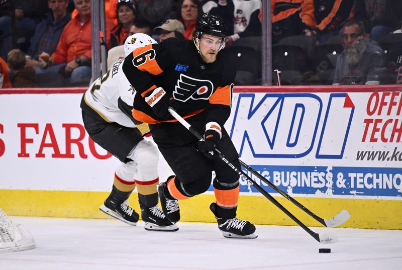 Nov 18, 2023; Philadelphia, Pennsylvania, USA; Philadelphia Flyers defenseman Travis Sanheim (6) controls the puck against the Vegas Golden Knights in the first period at Wells Fargo Center. Mandatory Credit: Kyle Ross-USA TODAY Sports