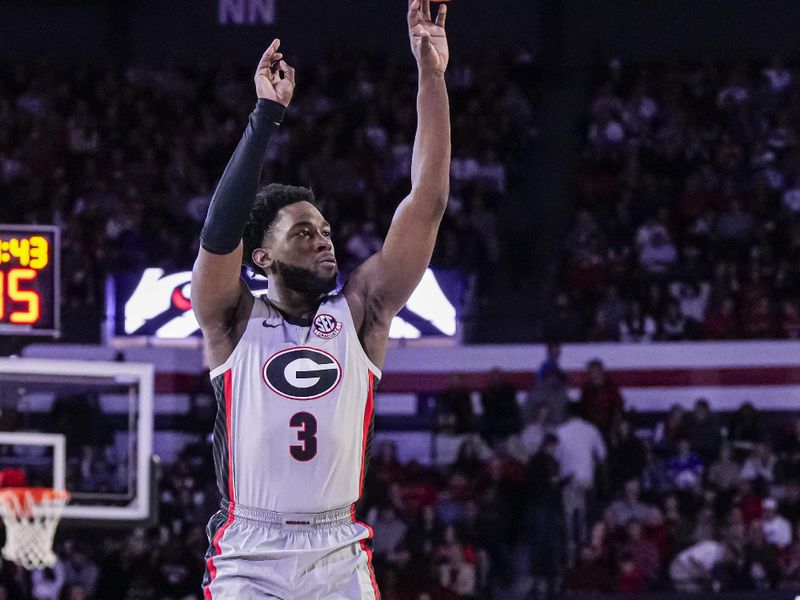 Feb 17, 2024; Athens, Georgia, USA; Georgia Bulldogs guard Noah Thomasson (3) shoots against the Florida Gators during the first half at Stegeman Coliseum. Mandatory Credit: Dale Zanine-USA TODAY Sports