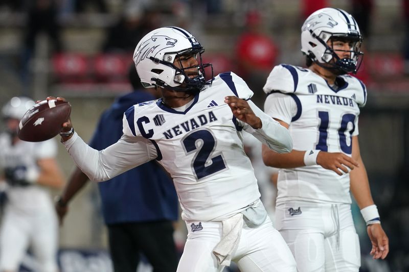 Sep 30, 2023; Fresno, California, USA; Nevada Wolf Pack quarterback Brendon Lewis (2) throws a pass before the start of the game against the Fresno State Bulldogs at Valley Children's Stadium. Mandatory Credit: Cary Edmondson-USA TODAY Sports