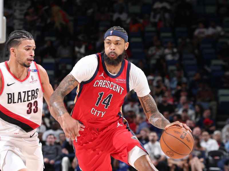 CHICAGO, IL - NOVEMBER 4: Brandon Ingram #14 of the New Orleans Pelicans dribbles the ball during the game against the Portland Trail Blazers on November 4, 2024 at Smoothie King Center in New Orleans, Louisiana. NOTE TO USER: User expressly acknowledges and agrees that, by downloading and or using this photograph, User is consenting to the terms and conditions of the Getty Images License Agreement. Mandatory Copyright Notice: Copyright 2024 NBAE (Photo by Jeff Haynes/NBAE via Getty Images)