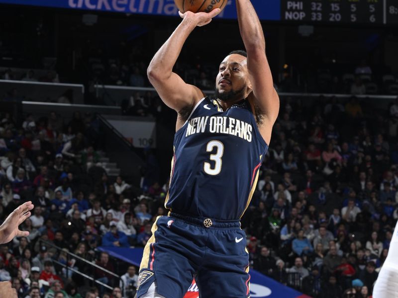 PHILADELPHIA, PA - JANUARY 10: CJ McCollum #3 of the New Orleans Pelicans shoots the ball during the game against the Philadelphia 76ers on January 10, 2025 at the Wells Fargo Center in Philadelphia, Pennsylvania NOTE TO USER: User expressly acknowledges and agrees that, by downloading and/or using this Photograph, user is consenting to the terms and conditions of the Getty Images License Agreement. Mandatory Copyright Notice: Copyright 2025 NBAE (Photo by David Dow/NBAE via Getty Images)