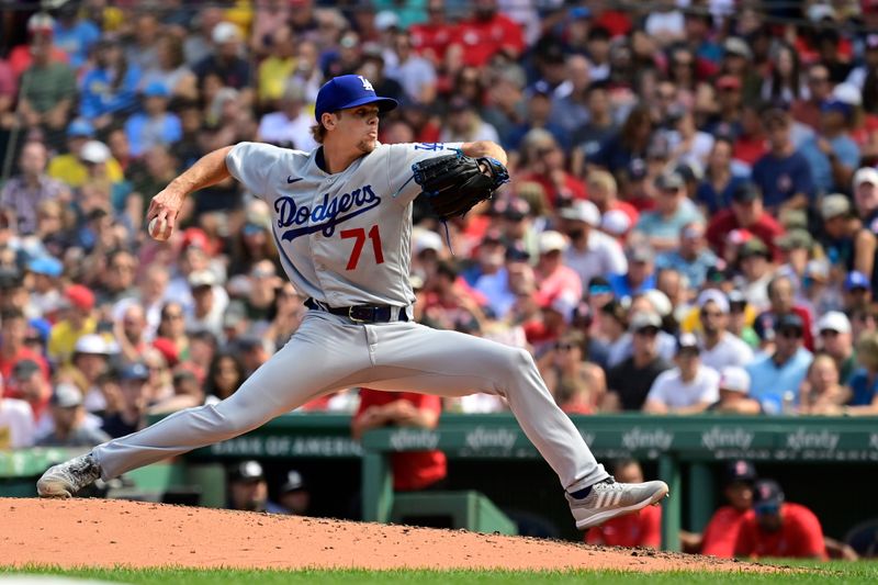 Aug 27, 2023; Boston, Massachusetts, USA; Los Angeles Dodgers pitcher Gavin Stone (71) pitches against the Boston Red Sox during the third inning at Fenway Park. Mandatory Credit: Eric Canha-USA TODAY Sports