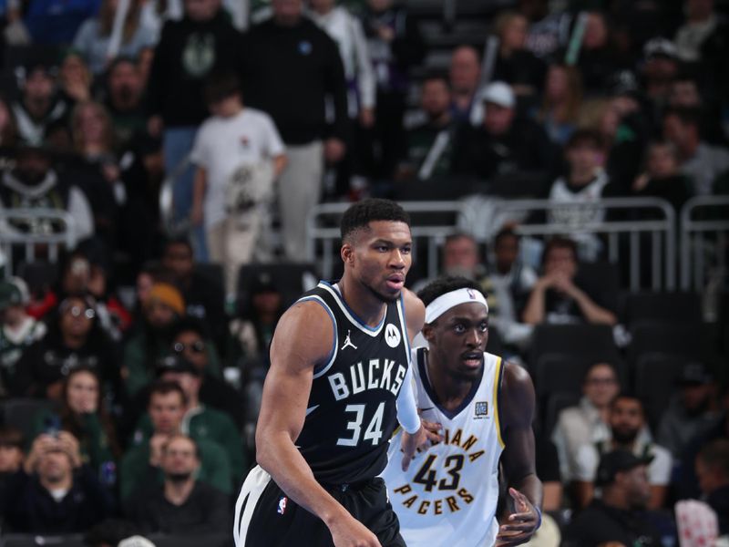 MILWAUKEE, WI - NOVEMBER 22:  Giannis Antetokounmpo #34 of the Milwaukee Bucks looks on during the game against the Indiana Pacers during a Emirates NBA Cup on November 22, 2024 at Fiserv Forum Center in Milwaukee, Wisconsin. NOTE TO USER: User expressly acknowledges and agrees that, by downloading and or using this Photograph, user is consenting to the terms and conditions of the Getty Images License Agreement. Mandatory Copyright Notice: Copyright 2024 NBAE (Photo by Gary Dineen/NBAE via Getty Images).