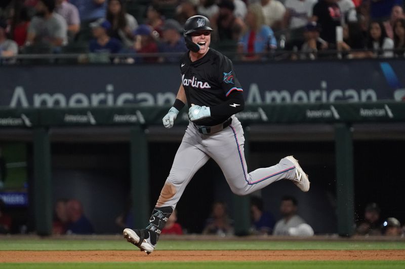 Sep 20, 2025; Arlington, Texas, USA; Miami Marlins outfield Troy Johnston (75) rounds the bases after hitting a solo home run during the sixth inning against the Texas Rangers at Globe Life Field. Mandatory Credit: Raymond Carlin III-Imagn Images