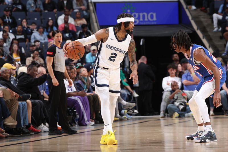 MEMPHIS, TN - APRIL 6: Xavier Tillman #2 of the Memphis Grizzlies dribbles the ball during the game against the Philadelphia 76ers on April 6, 2024 at FedExForum in Memphis, Tennessee. NOTE TO USER: User expressly acknowledges and agrees that, by downloading and or using this photograph, User is consenting to the terms and conditions of the Getty Images License Agreement. Mandatory Copyright Notice: Copyright 2024 NBAE (Photo by Joe Murphy/NBAE via Getty Images)